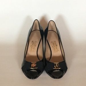 Ferragamo Patent Leather Wedge Heels, Black, Sz 10